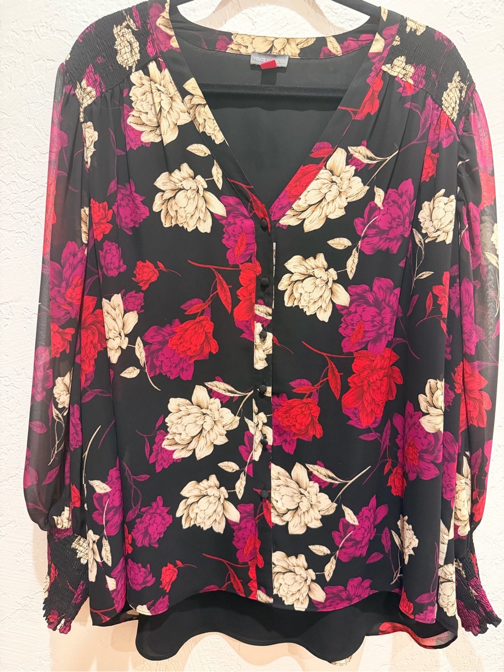 Vince Camuto Black V-Neck Blouse with Red, Purple & Cream Floral Print